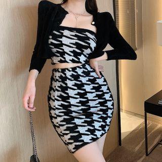 Set: Houndstooth Tube Top + Mini Pencil Skirt + Plain Cropped Cardigan Black - One Size