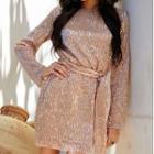 Tie Waist Sequined Long-sleeve Sheath Dress