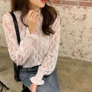 Mock Neck Bell-sleeve Lace Top White - One Size
