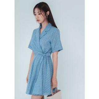 Notched-lapel Pinstripe Linen Blend Wrap Dress