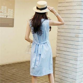 Beribboned Pintuck Stripe Pinafore Dress
