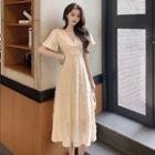 Fringed V-neck Elbow-sleeve Midi A-line Dress