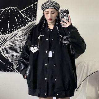 Faux Leather Panel Heart Embroidered Baseball Jacket