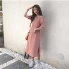 Square-neck Plaid Short-sleeve Midi Dress