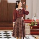 Collared Button-up Blouse / Plaid Midi A-line Skirt / Set