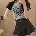 Short-sleeve Heart Print T-shirt / Denim Mini A-line Skirt