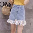 Floral Chiffon Trim A-line Mini Denim Skirt
