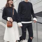 Couple Matching Mock Two-piece Pullover / Long-sleeve Midi A-line Dress