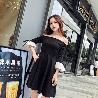 3/4-sleeve Off Shoulder Mini Dress Black - One Size