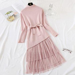 Set: Mock-turtleneck Tie-front Sweater + Midi Dotted Mesh Skirt