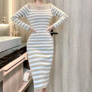 Striped Knit Midi Sheath Dress