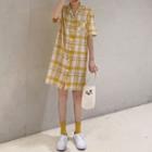 Short-sleeve Plaid Shirt Dress Yellow - One Size