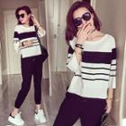 Set: Striped 3/4-sleeve Sweater + Cropped Pants