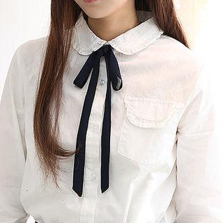 Detachable-ribbon Pocket-front Blouse