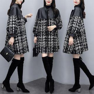 Plaid Tweed Panel Single-breasted Coat