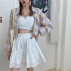 Long-sleeve Plaid Shirt / Spaghetti Strap Top / Mini A-line Skirt