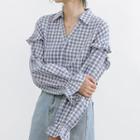 Bell-sleeve Plaid Blouse Gray - One Size