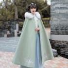 Hooded Fox Embroidered Midi Cape Light Green - One Size