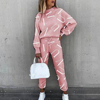 Set: Mock-neck Lettering Sweatshirt + Straight-leg Jumper Pants