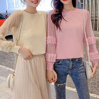 Lace-panel Long-sleeve Plain Knit Top