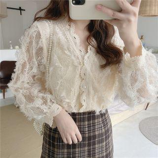 Long-sleeve Lace-trim V-neck Buttoned Blouse Almond - One Size