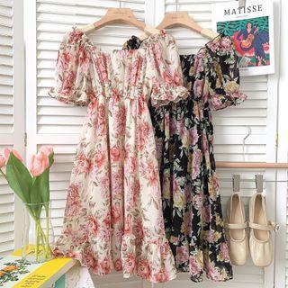 Off-shoulder Flower-print Midi Dress