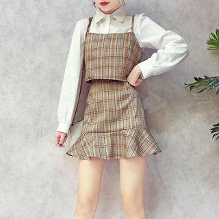 Set: Plain Shirt + Plaid Camisole Top + Ruffle Hem Skirt