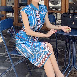 Patterned Cap-sleeve Shirt Dress With Sash