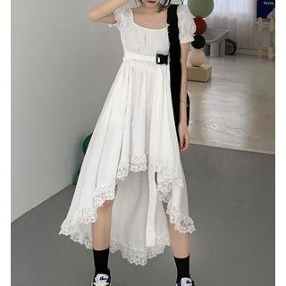 Short-sleeve Lace Trim Dip-back A-line Dress
