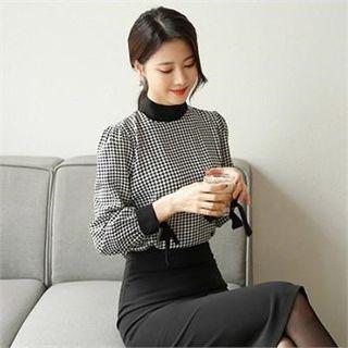 Tall Size Contrast-trim Houndstooth Blouse