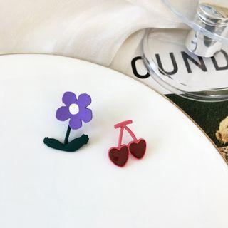 Asymmetrical Stud Earring 1 Pair - Ear Studs - Purple & Dark Green & Pink & Red - One Size