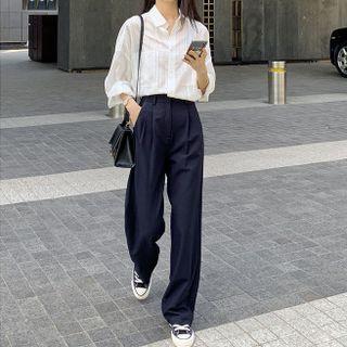 Set: Drop Shoulder Striped Shirt + Plain Wide-leg Dress Pants