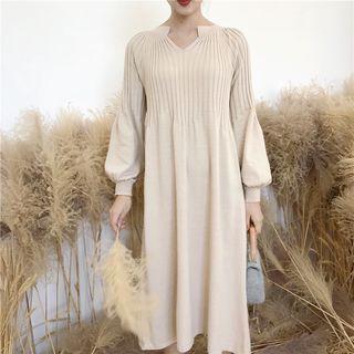 Puff-sleeve Notch-neck Midi A-line Knit Dress