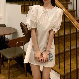 Puff-sleeve Wide Collar Frill Trim Mini Shift Dress