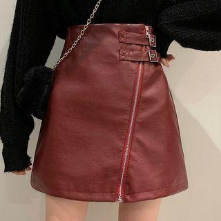 Leather Diagonal-zip High-waist A-line Semi-body Miniskirt