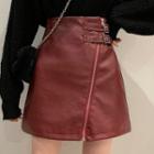 Leather Diagonal-zip High-waist A-line Semi-body Miniskirt