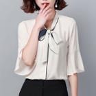 Bow Accent Elbow-sleeve Chiffon Top