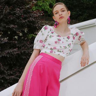 Set: Floral Print Short-sleeve Cropped Top + Wide-leg Pants