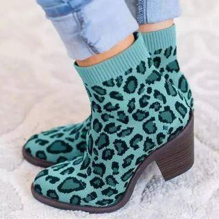 Block-heel Leopard Print Knit Ankle Boots