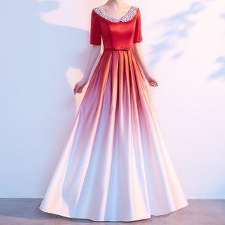 Short-sleeve Rhinestone A-line Evening Gown