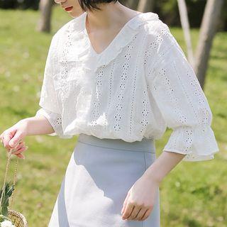 3/4-sleeve Perforated Blouse