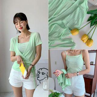 Set: Short-sleeve Ribbed Wrap Cardigan + Camisole Top
