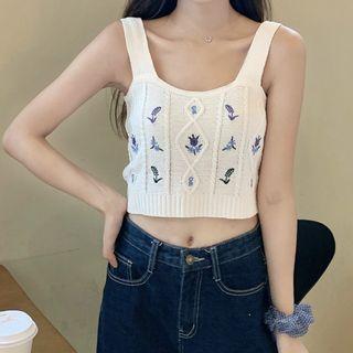Floral Embroidered Knit Crop Tank Top
