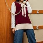 Planet Embroidered Color-block Knit Vest / Boot-cut Jeans