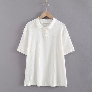 Elbow-sleeve Frill Trim Polo Top
