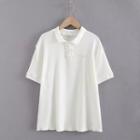 Elbow-sleeve Frill Trim Polo Top