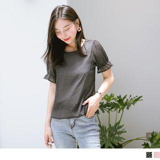 Round Neck Patterned Short-sleeve Chiffon Top
