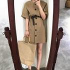 Button Short-sleeve A-line Dress Khaki - One Size