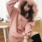 Faux-fur Collar Long-sleeve Hooded Pullover