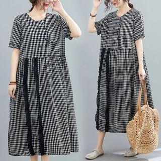 Gingham Short-sleeve Lace Trim Midi A-line Dress